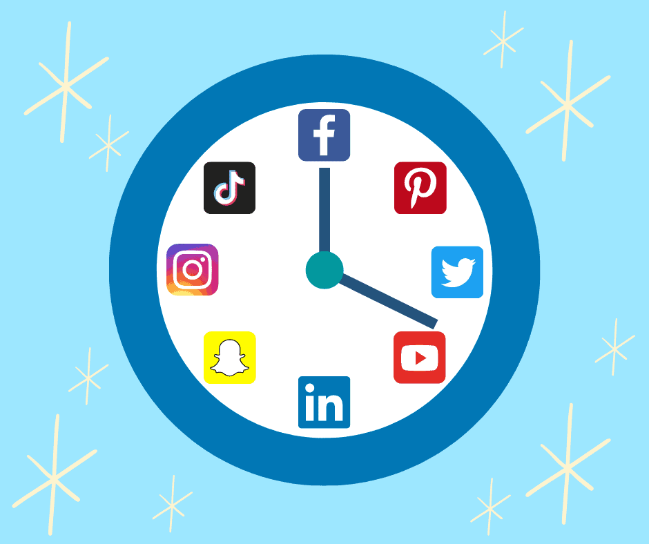 A clock with all big social media platforms indicating Social Media Timing and stuff