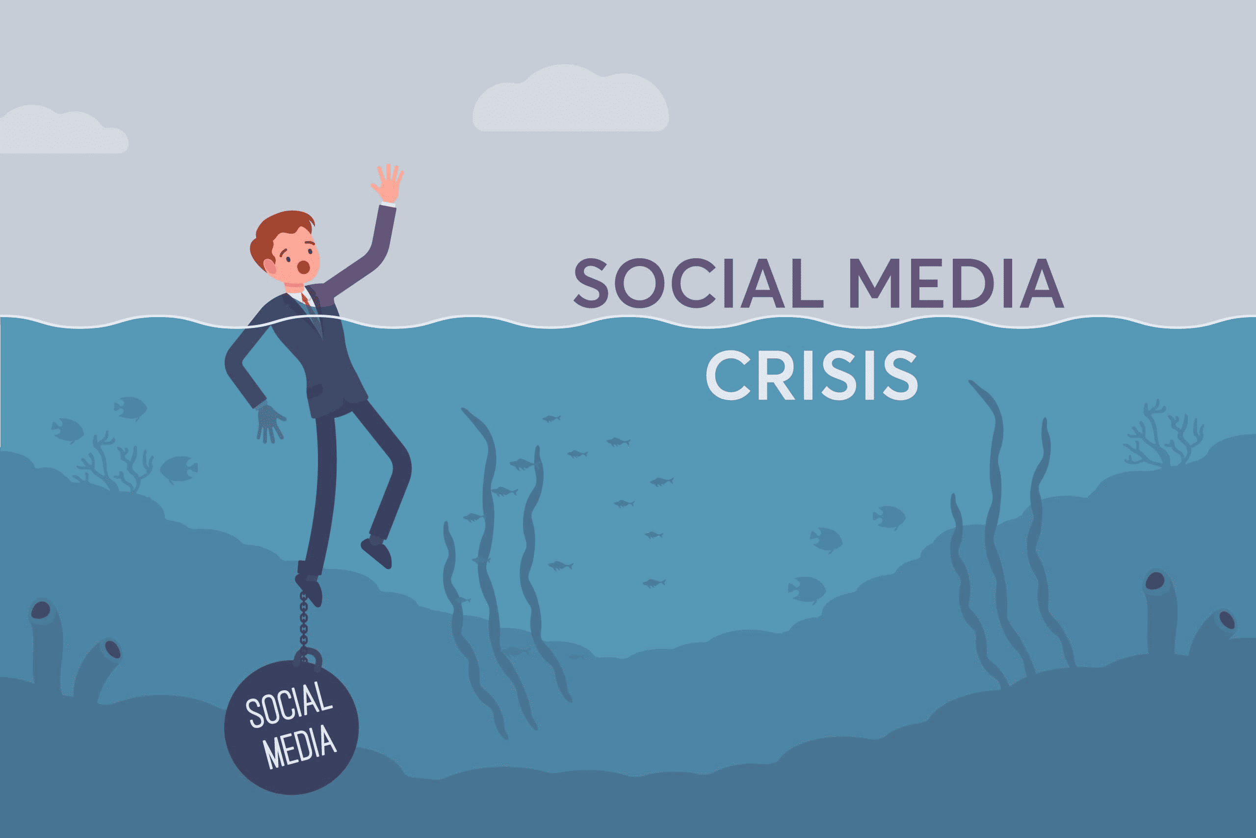 Art illustration depicting an employee burdened by a heavy ball, symbolizing social media crisis management.